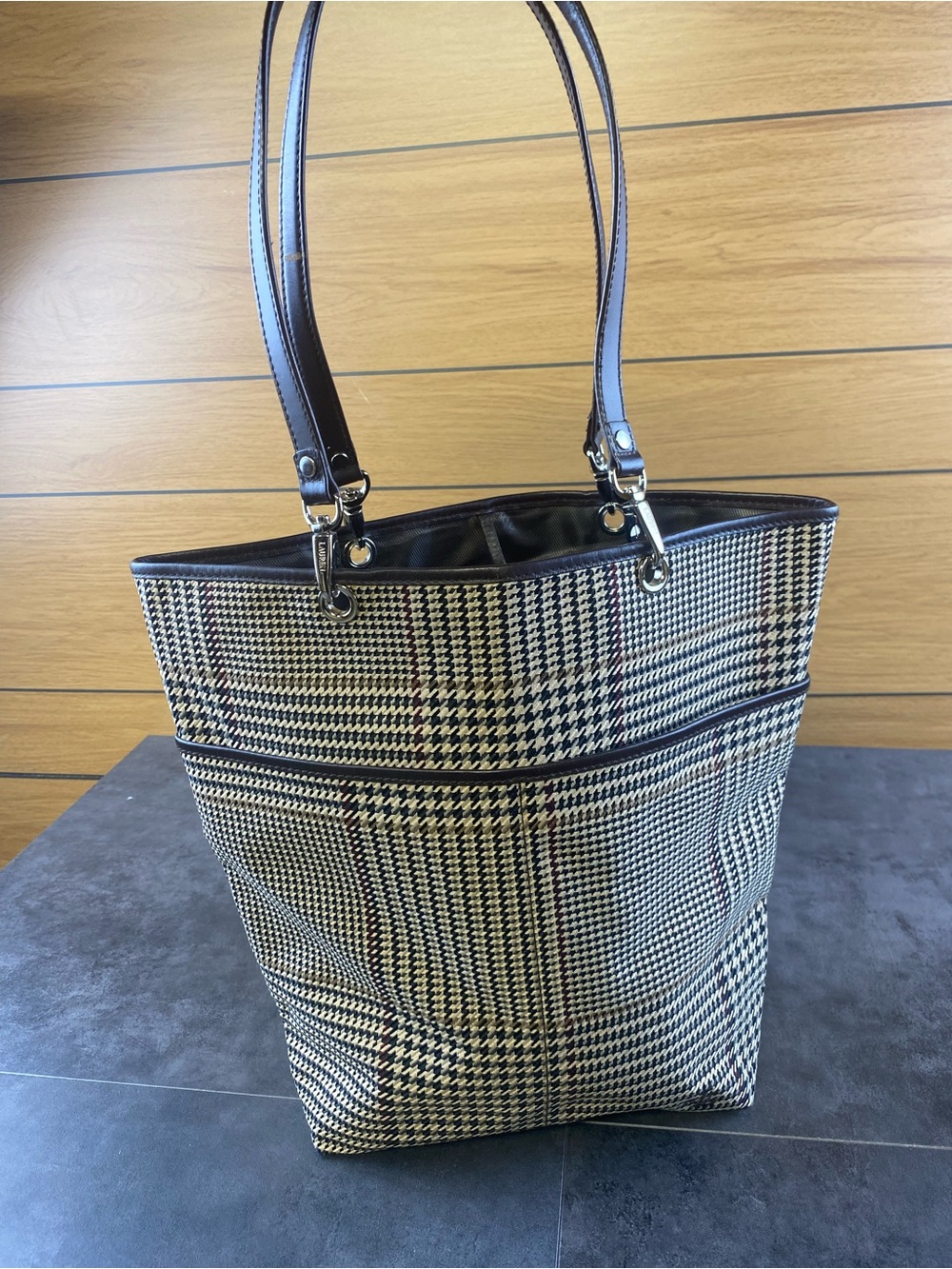 Lauren Ralph Lauren VTG Plaid Houndstooth Tote in Cream/Brown